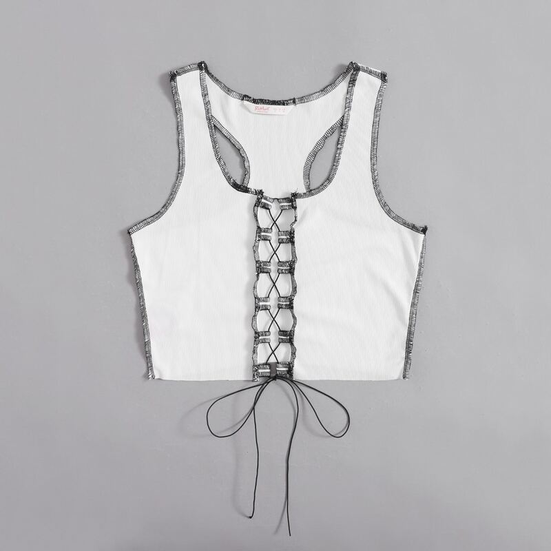 

Stitching Trim Lace Up Ribbed Tank Top, White