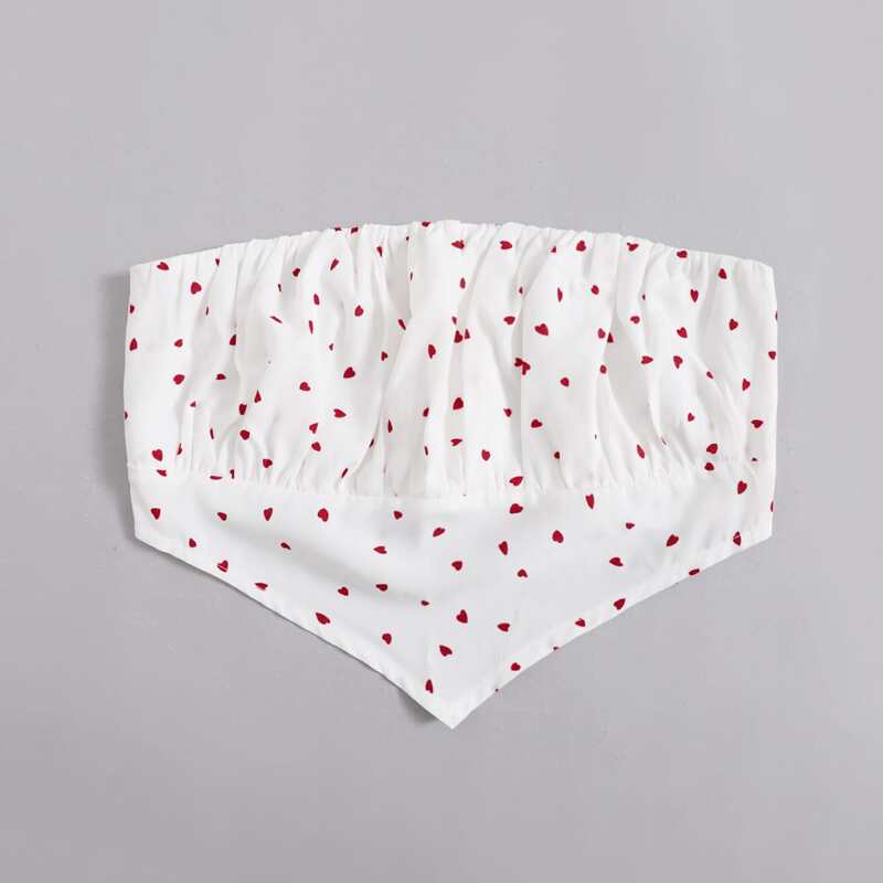 

Heart Print Ruched Bust Crop Tube Top, White