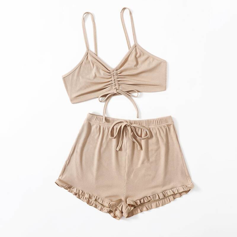 

Solid Drawstring Ruched Crop Cami & Shorts, Khaki