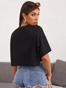 Muchica Camiseta corta con estampado de dibujo de hombros caídos - Negro - Ver 2