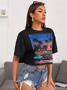 Muchica Camiseta corta con estampado de dibujo de hombros caídos - Negro - Ver 3