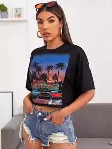 Muchica Camiseta corta con estampado de dibujo de hombros caídos - Negro - Ver 4