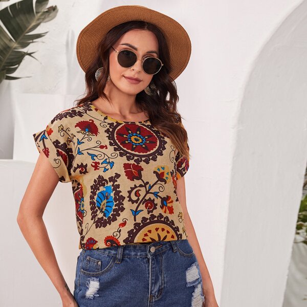

Cuffed Sleeve Floral Print Top, Multicolor