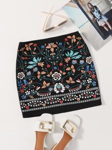 SHEIN VCAY Zipper Back Floral Embroidered Boho Skirt - Multicolor - View 1