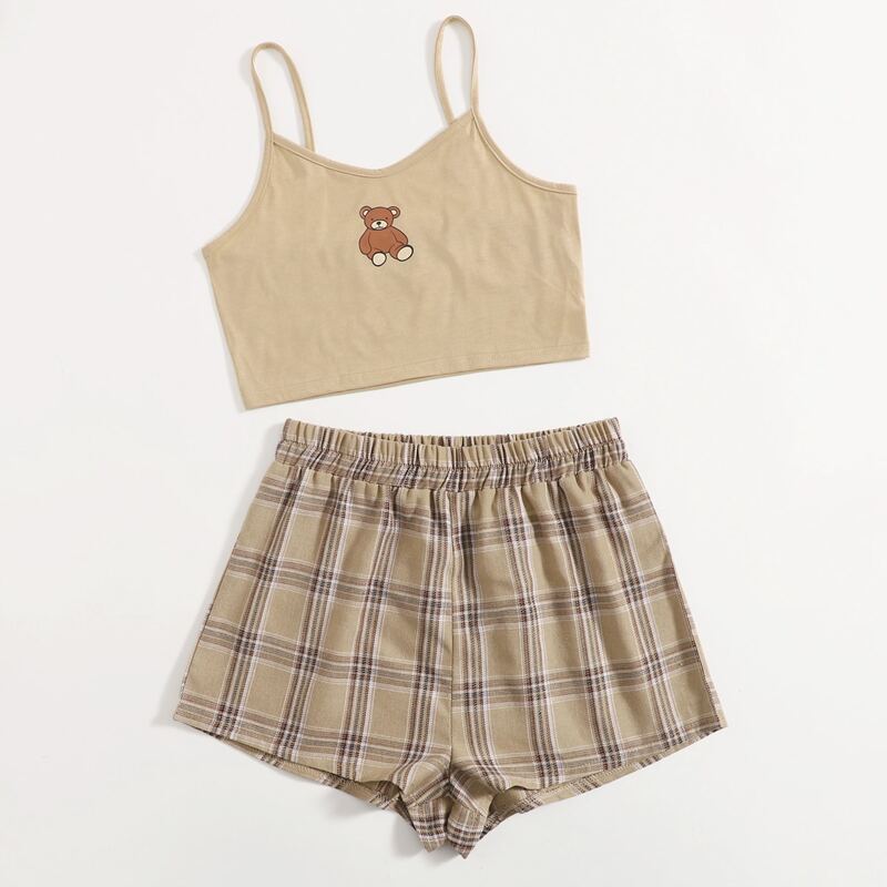 

Cartoon Bear Graphic Crop Cami & Plaid Shorts, Multicolor