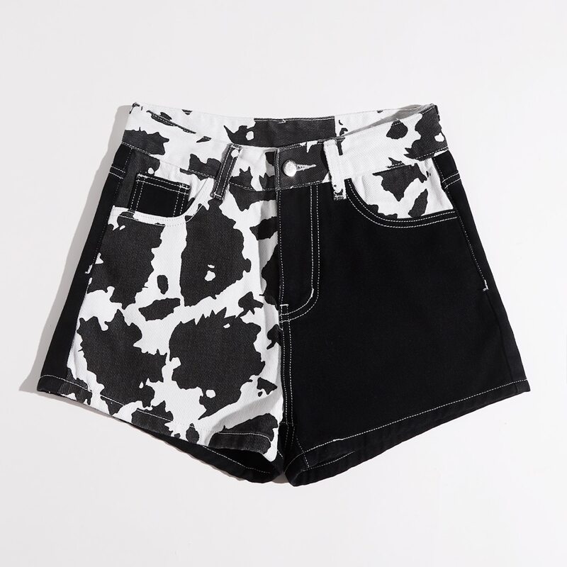 

All Over Print Denim Shorts, Black and white