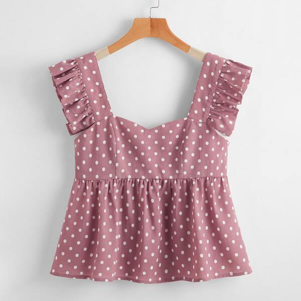 

Ruffle Trim Polka Dot Peplum Top, Dusty pink