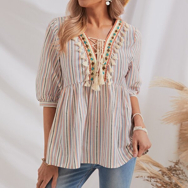 

Lace Up Front Tape Yoke Tassel Trim Striped Top, Multicolor