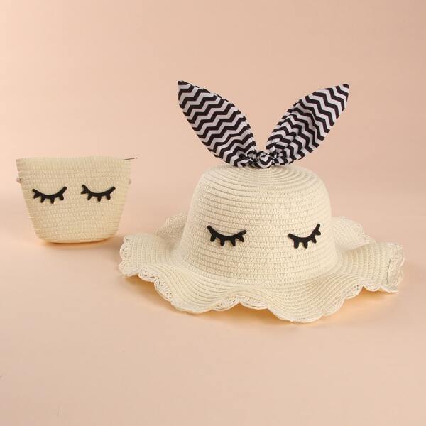 

Toddler Girls Cartoon Decor Straw Hat & Bag, White