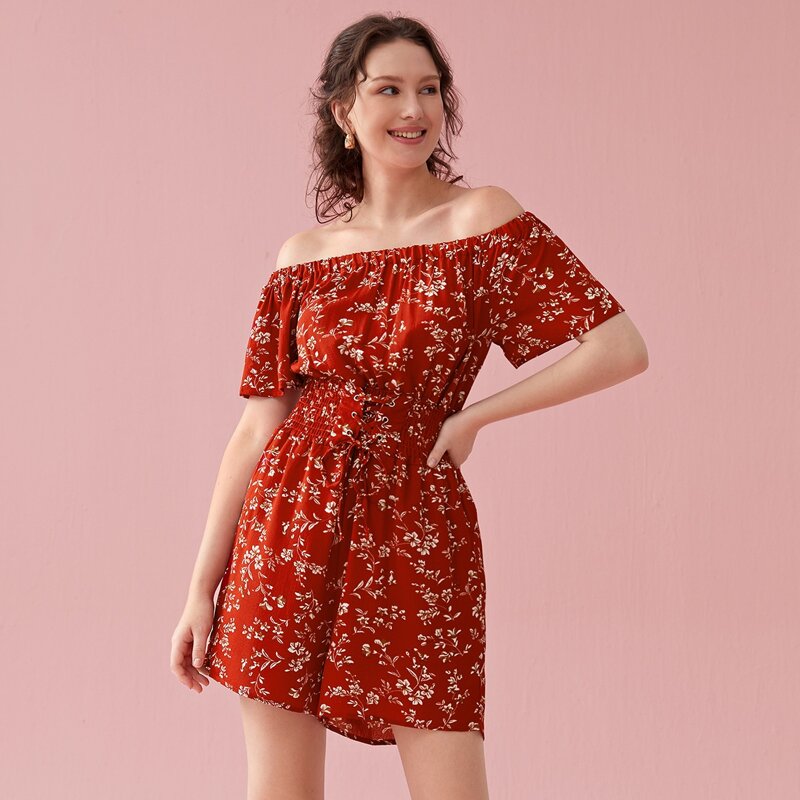

Off The Shoulder Lace Up Romper, Rust brown
