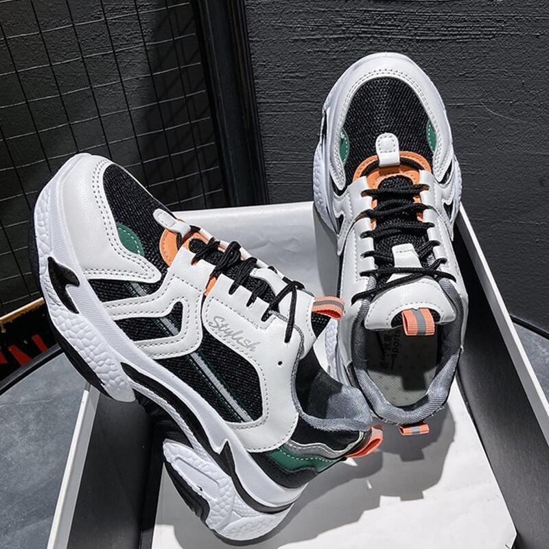 

Colorblock Lace-up Mesh Chunky Sneakers, Black and white