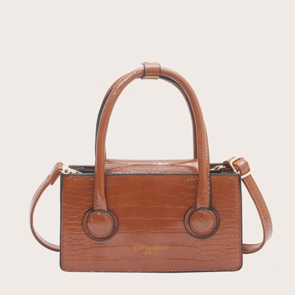 

Croc Embossed Satchel Bag, Brown