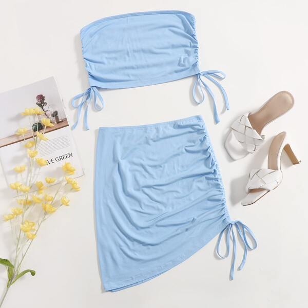 

Drawstring Side Tube Top & Skirt Set, Blue
