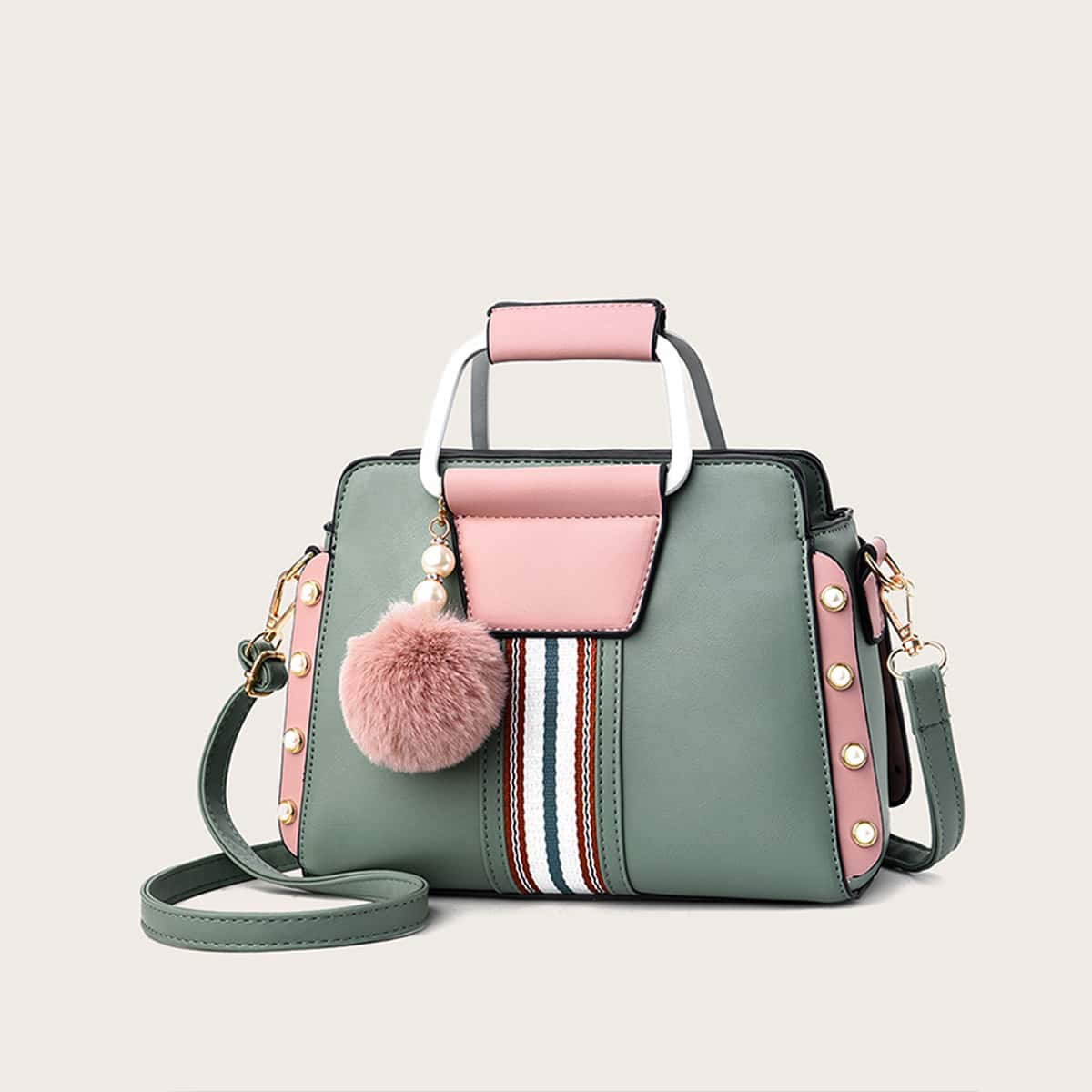 

Pom Pom Colorblock Satchel Bag, Green