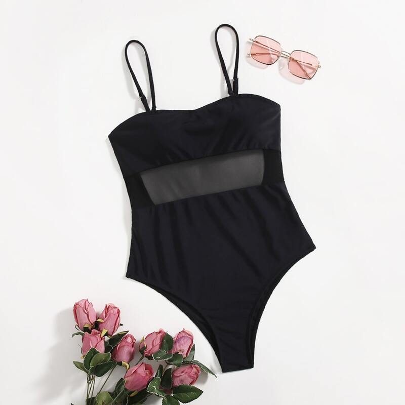 

Contrast Mesh One Piece Swimsuit, Black