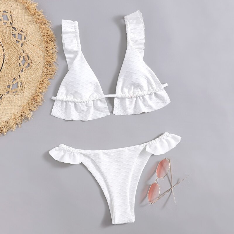 

Ruffle Trim Bikini Swimsuit, White