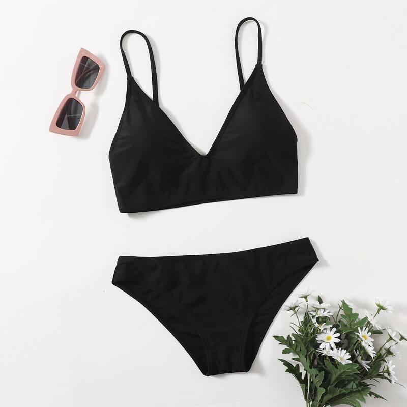 Simple Solid Bikini Swimsuit, Black