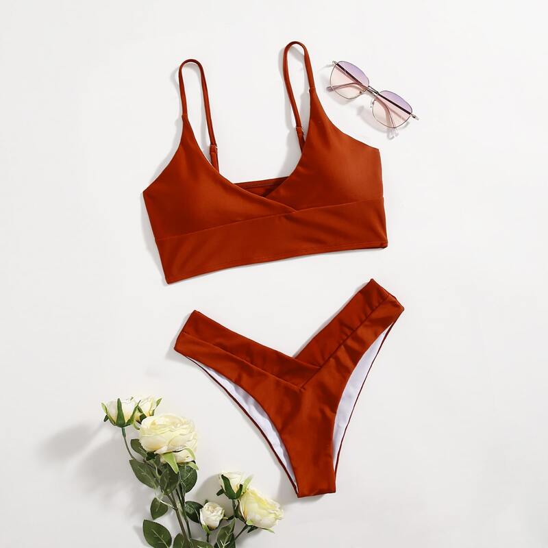 

Solid High Cut Bikini Swimsuit, Red