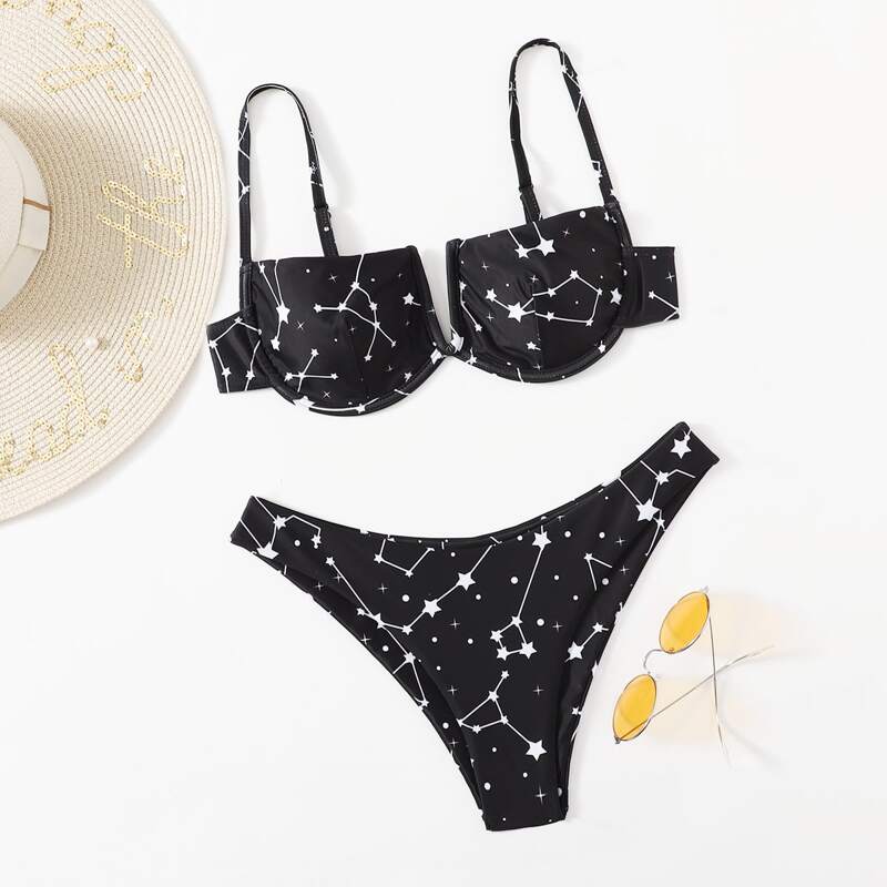 

Star Print Underwire Bikini Swimsuit, Multicolor