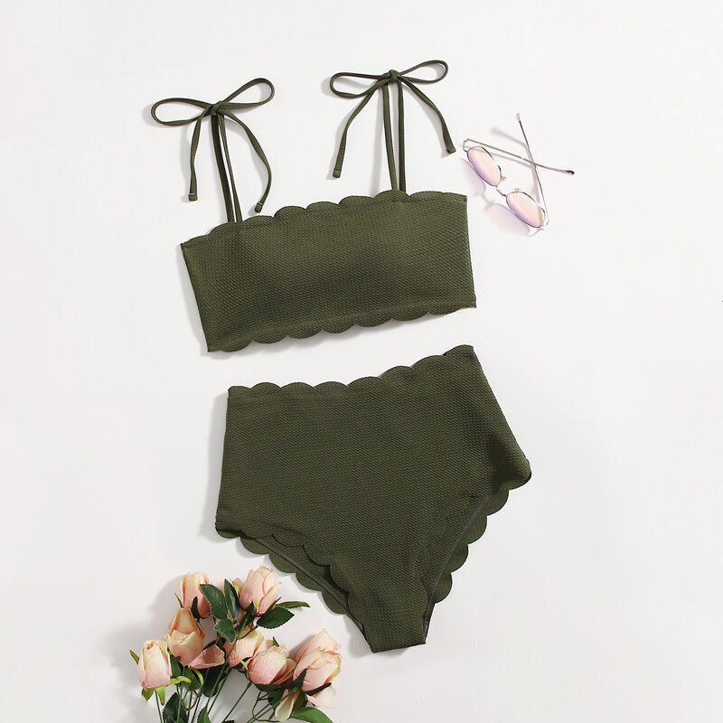

Solid Scallop Trim Bikini Swimsuit, Dark green