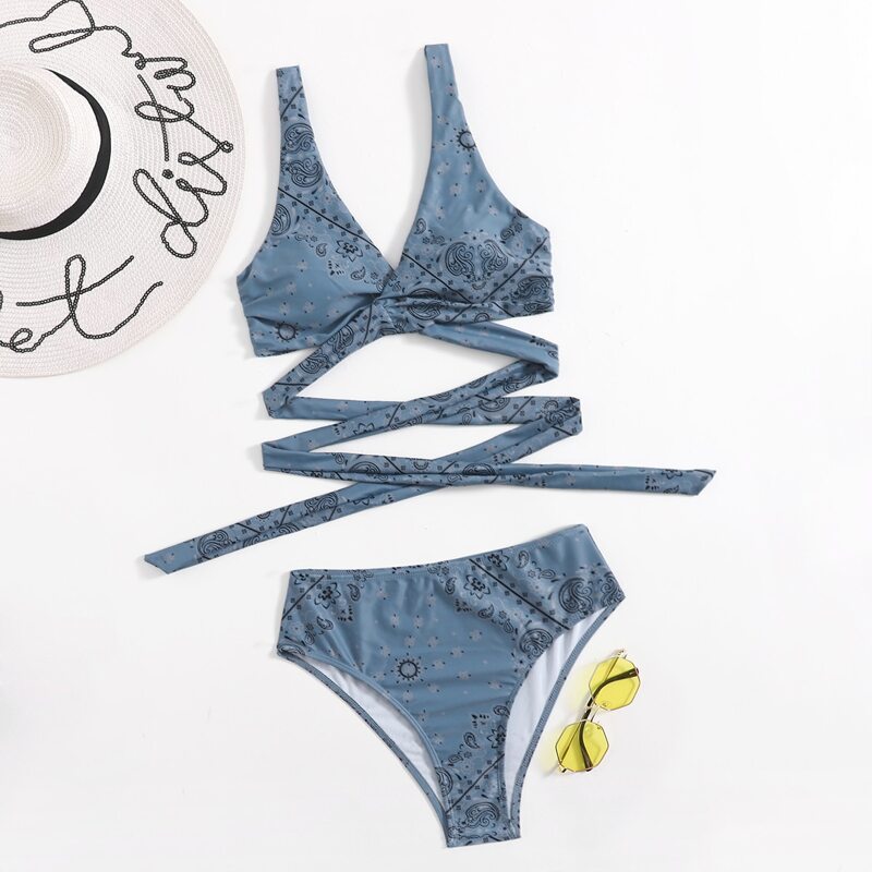 

Paisley Print Wrap Crisscross Bikini Swimsuit, Dusty blue