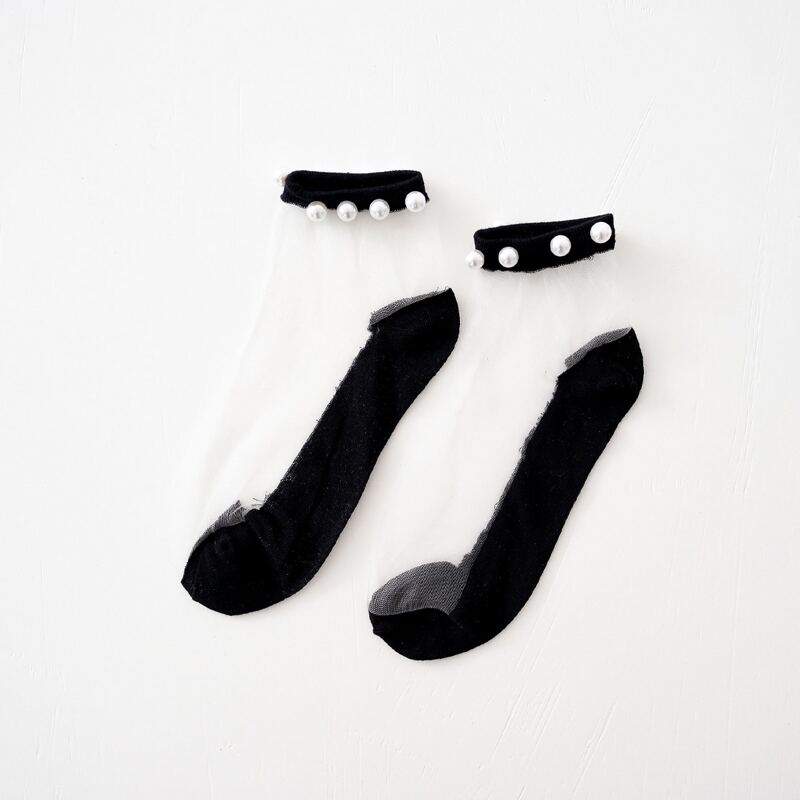 

Faux Pearl Trim Mesh Socks, Black