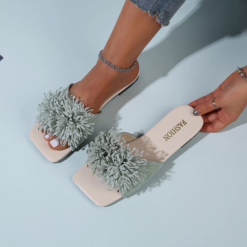 

Floral Tassel Slide Sandals, Green