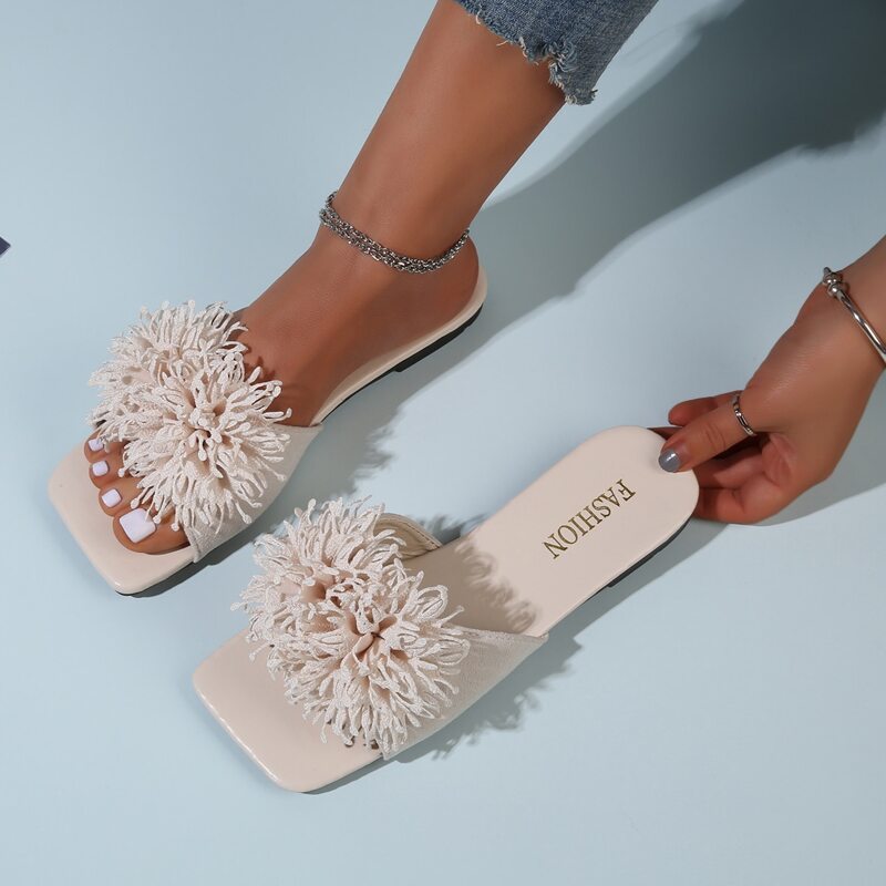 

Floral Tassel Slide Sandals, Beige