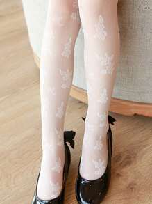 女童薄款花卉图案提花透明连裤袜，柔软舒适，适合春夏日常穿着，防勾丝网眼袜，随机图案 - 白色 - 查看 4