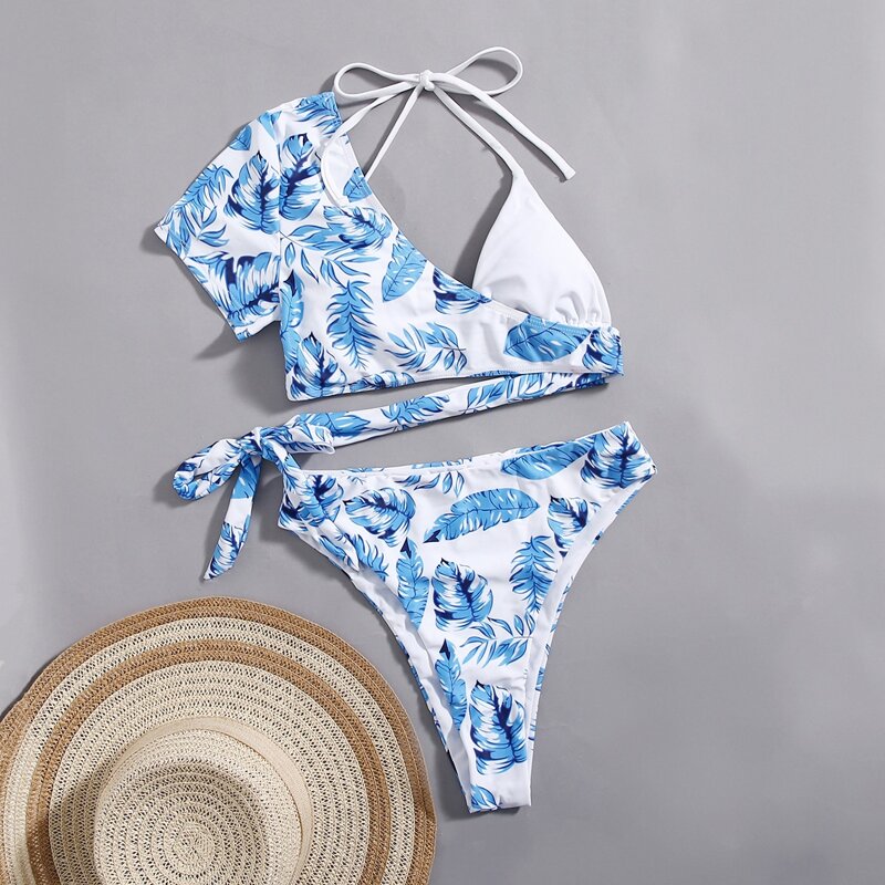 

3pack Leaf Bikini Swimsuit With Cover Up, Blue and white