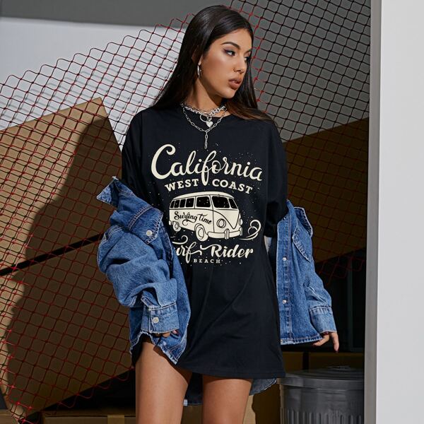 

Bus & Letter Graphic Drop Shoulder Tee, Black