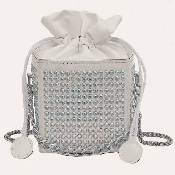 

Mini Studded & Drawstring Decor Bucket Bag, White
