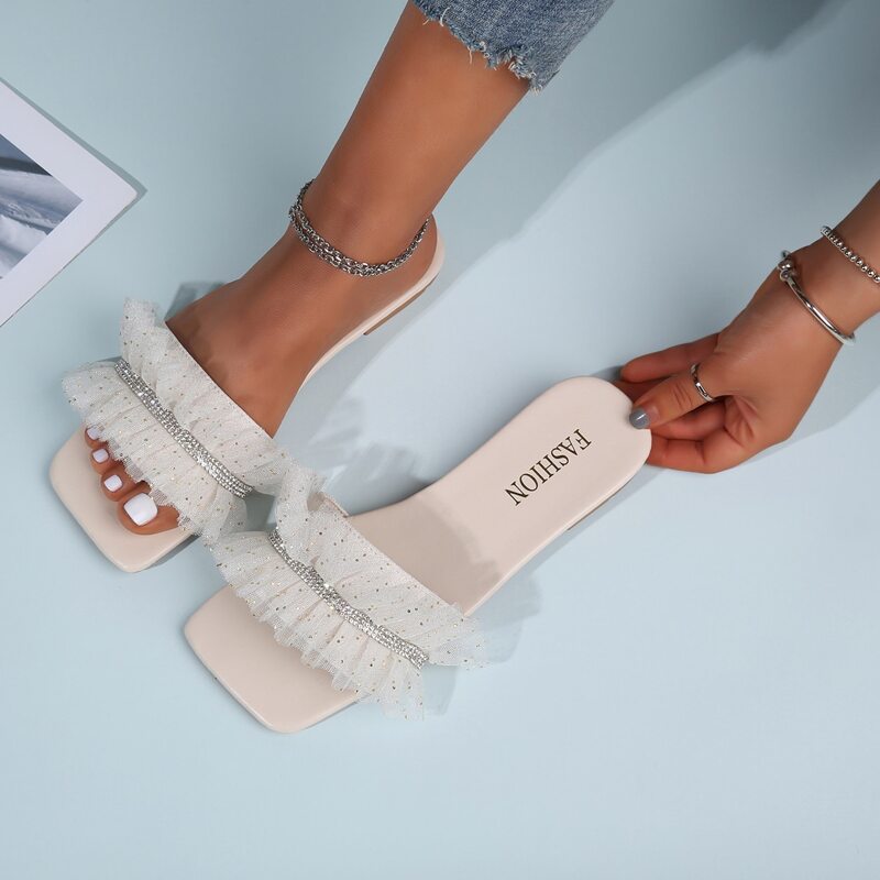

Rhinestone Ruffle Band Slide Sandals, Beige