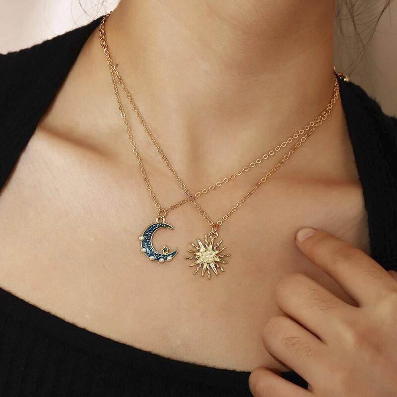 

Sun & Moon Rhinestone Layered Necklace, Gold