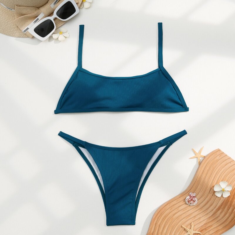 

Rib Thong Bikini Swimsuit, Teal blue