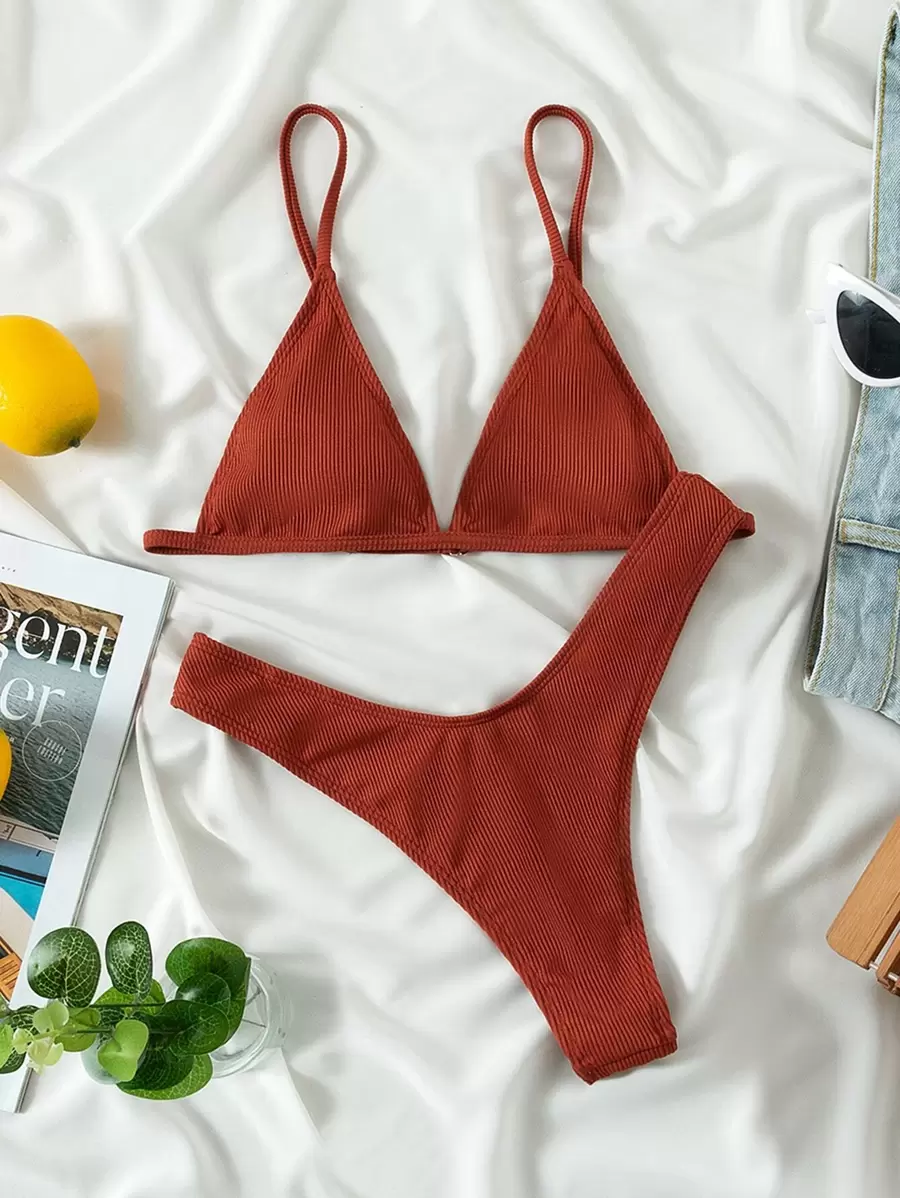 SHEIN Swim Conjunto de bikini de triángulo de ribete de corte alto para la playa de verano - Óxido marrón - Ver 1