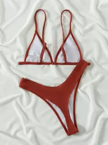 SHEIN Swim Conjunto de bikini de triángulo de ribete de corte alto para la playa de verano - Óxido marrón - Ver 2