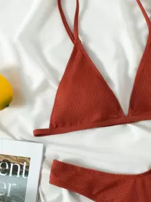 SHEIN Swim Conjunto de bikini de triángulo de ribete de corte alto para la playa de verano - Óxido marrón - Ver 4