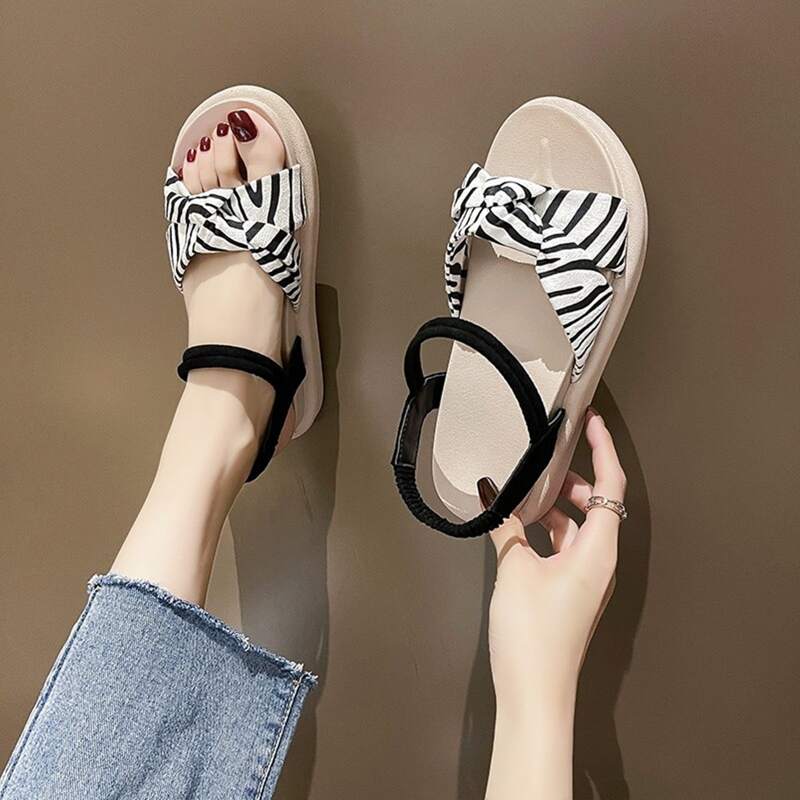 

Zebra Striped Ankle Strap Sandals, Black and white