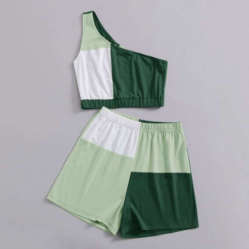

Colorblock One Shoulder Crop Top & Shorts, Multicolor