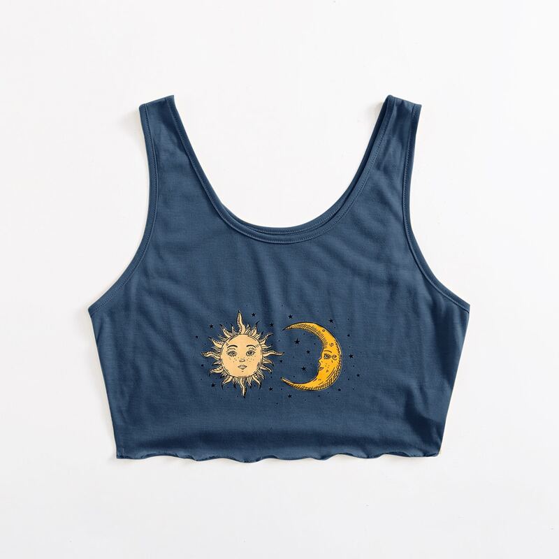 

Sun & Moon Graphic Lettuce Trim Tank Top, Navy blue