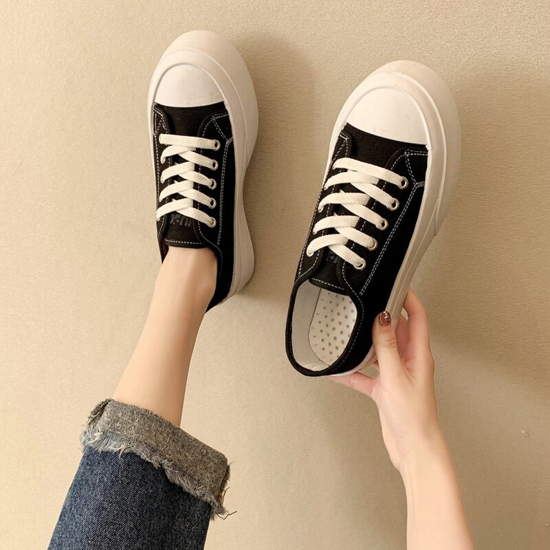 

Solid Lace-up Canvas Sneakers, Black