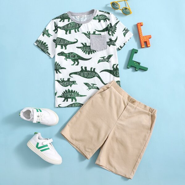 

Boys Pocket Front Letter and Dinosaur Print Top & Shorts Set, Multicolor