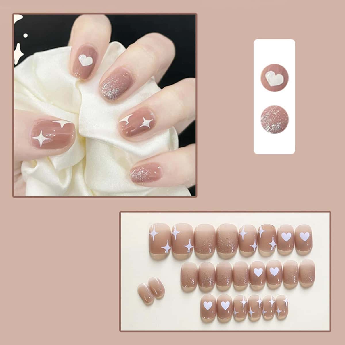

24pcs Heart & Star Fake Nail, Baby pink