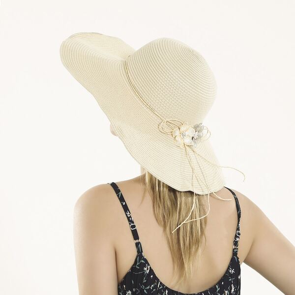 

Flower Decor Straw Hat, Beige