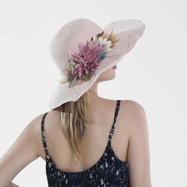 

Flower Decor Straw Hat, Pink