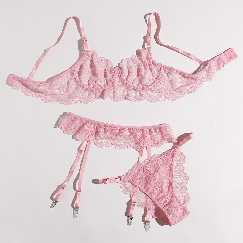 

3pack Lace Garter lingerie Set, Pink