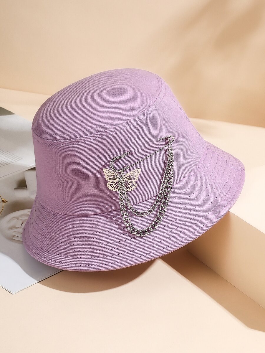 Pin & Butterfly Decor Bucket Hat - Mauve Purple - View 1