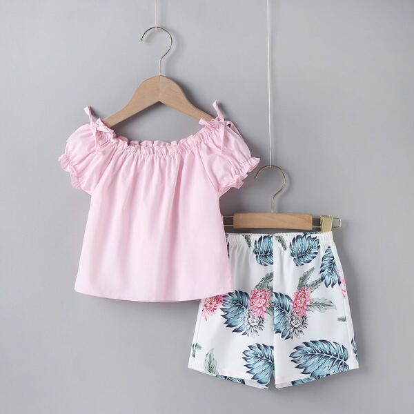 

Baby Girl Frill Trim Knot Blouse & Tropical Shorts, Multicolor