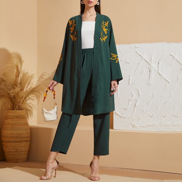 

Open Front Contrast Embroidered Coat & Pants Set, Dark green